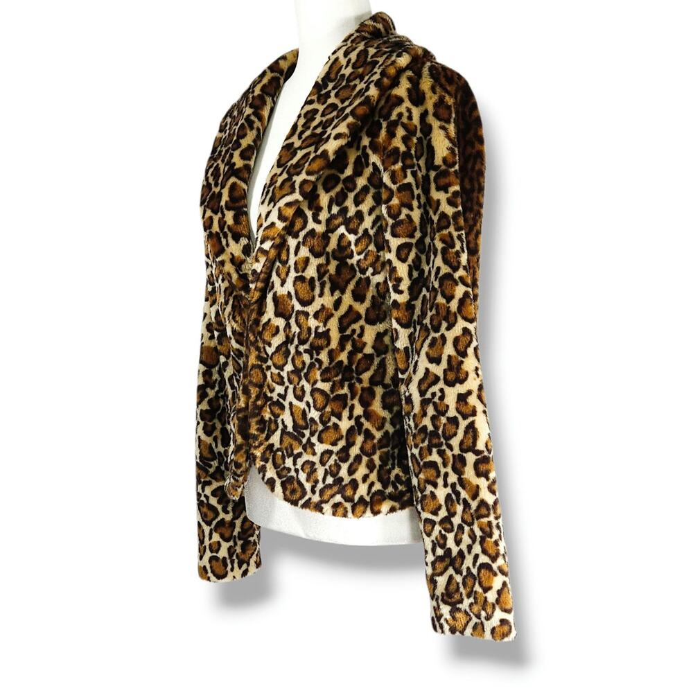 Tulle Leopard Print Plush Faux Fur Blazer Jacket Shawl‎ Lapel Hook Front Lined M
